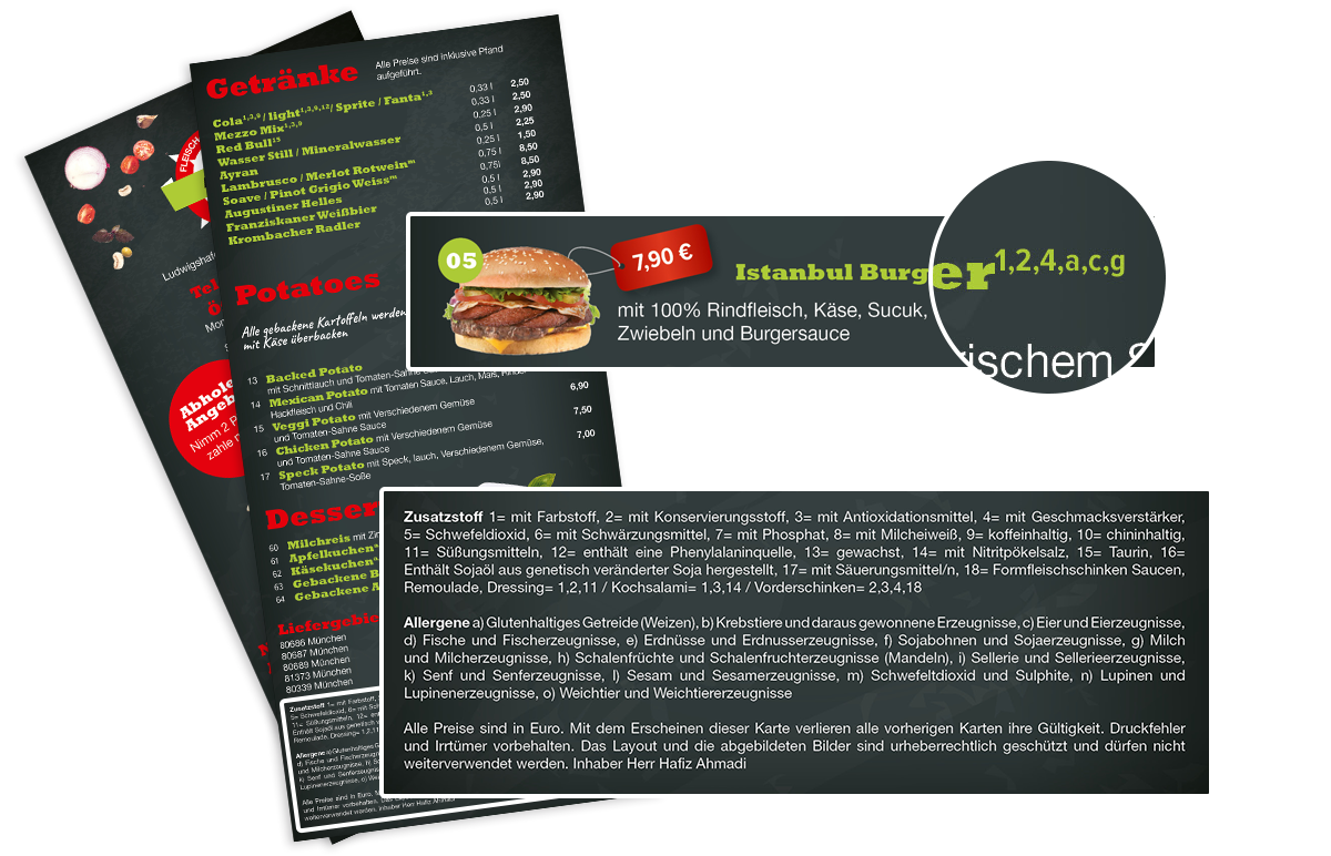 Speisekarte mit Zusatzstoffen und Allergenen order smart